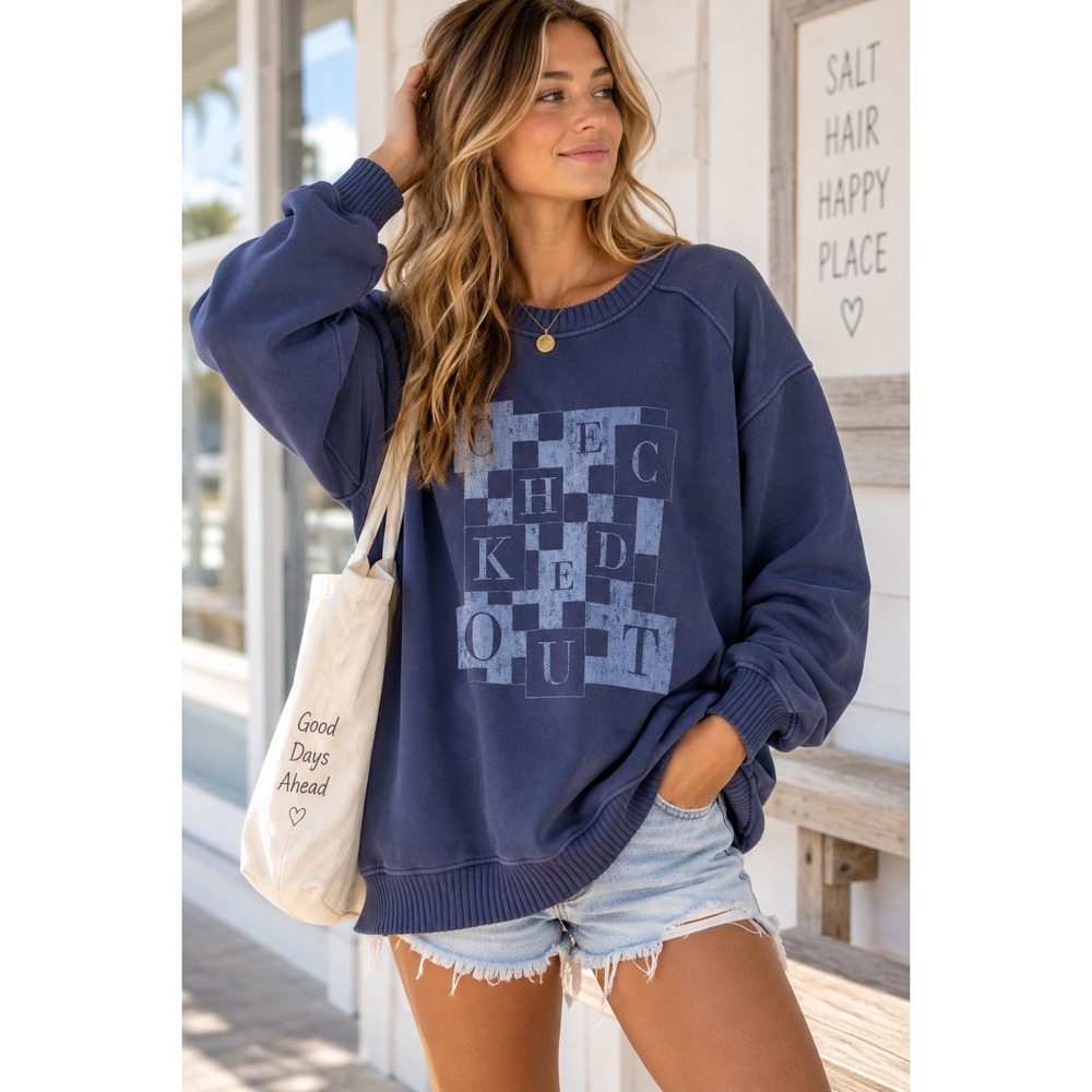 Aerie Oversized Checked Out Graphic Sweatshirt Navy Blue Ribbed Side Panels M